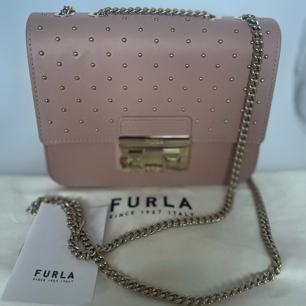 Furla Metropolis Mini Studded Leather Crossbody Blush Pink Saffiano Chain Bag - Picture 14 of 15
